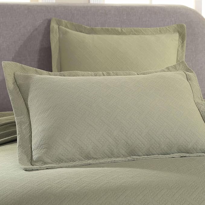 Superior 3 Piece Basketweave Cotton Bedspread Set, Home Bed Decor, Decorative Bed Spread, 2 Pillow Shams, Medium Weight Blanket, Matelasse Coverlet Bedding, Geometric Lattice Pattern, King, Sage