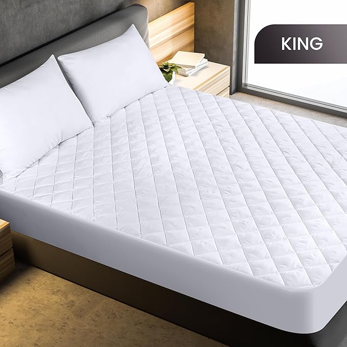 Utopia Bedding Quilted Fitted Mattress Pad, King Size, Elastic Fitted Mattress Topper Protector and Cover with Deep Pocket Stretches up to 16 Inches, Machine Washable (White)
