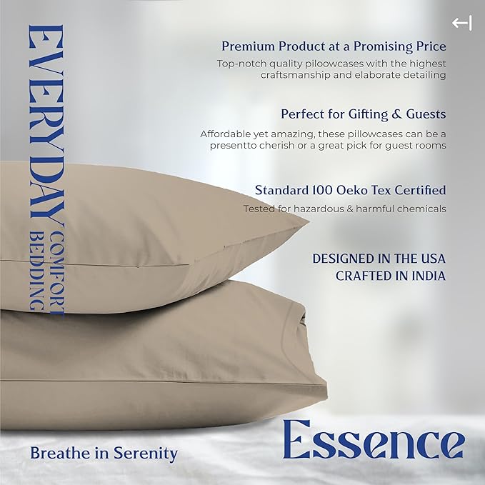 Mayfair Linen 100% Organic Cotton King Size Pillow Cases Set of 2 - Ultra Soft Hotel Quality King Pillow Covers, Authentic GOTS Certified, Crisp, Cooling Percale Weave Cotton Pillowcases - Taupe