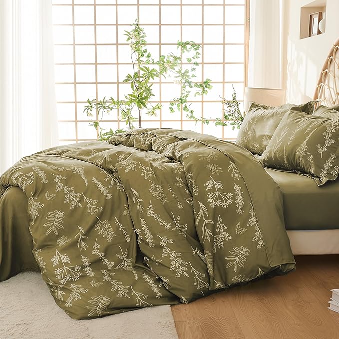 MUXHOMO Duvet Cover King Size, Reversible Floral Olive Green Duvet Cover Set with Zipper Closure, 3 Pieces Botanical Patterns Soft Microfiber Bedding Set (90"x104", 2 Pillow Cases 20"×36")