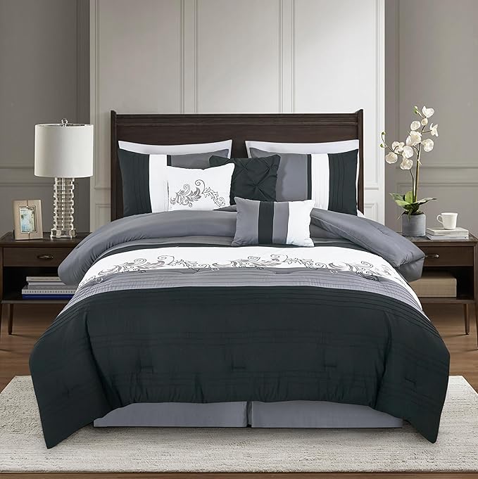 Chezmoi Collection Napa 7-Piece Luxury Leaves Scroll Embroidery Bedding Comforter Set (California King, Black/Gray/White)