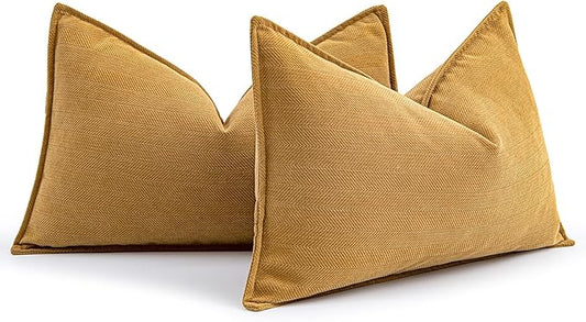 MIULEE Pack of 2 Mustard Yellow Decorative Lumbar Pillow Covers 12x20 Inch Soft Chenille Luxurious Couch Throw Pillows Farmhouse Cushion Covers Elegant Design for Sofa Bed Living Room Spring Decor