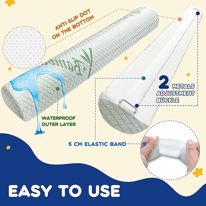 Waterproof Baby Bed Bumper for Toddler with Adjustable Band, Soft Kid Foam Bed Rail for Rental, Vacational, Full, Queen, Twin, King Size Bed, Green, 2 Pack
