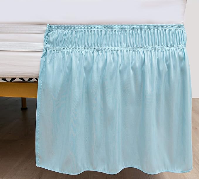 Wrap Around Bed Skirts Elastic Dust Ruffles, Easy Fit Wrinkle and Fade Resistant Silky Microfiber Fabric Solid Color Bedskirt, 12 Inch Tailored Drop Light Blue for Full Size Bed Skirt