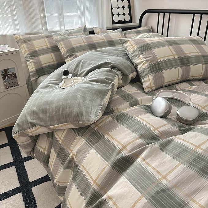 mixinni Full Size Buffalo Plaid Duvet Cover Set - 3 Piece Green White Geometric Bedding Set with Zipper Closure & Ties, 100% Washed Cotton Soft Breathable Duvet Cover for Men, Women, Teens (Full)
