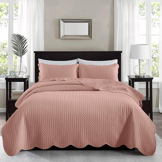 MOONLIGHT20015 Twin Quilt Set - 2 Pcs All Season Reversible Lightweight Microfiber Coverlet Size (66” x 86”) - 1 Pillow Shams (20” x 26” + 2”) Embossed Quilt Bedspreads (Peach)