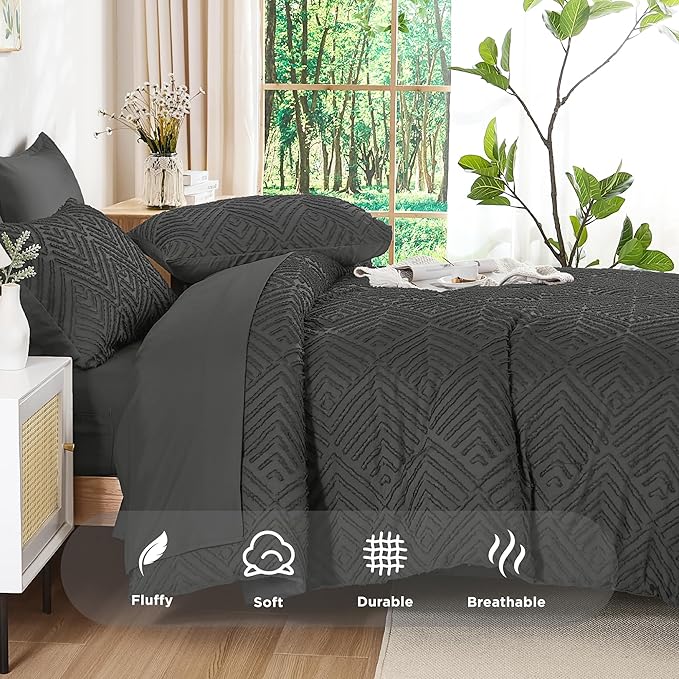 Andency King Size Comforter Set 7 Pieces Dark Grey - Bed in a Bag King Boho Lightweight Fluffy Tufted Bedding Sets with Quilt Comforter, Sheets, Pillowcases & Shams