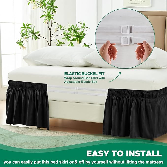 Biscaynebay Wrap Around Bed Skirts for Queen Beds 17" Long Drop, Black Adjustable Elastic Dust Ruffles Easy Fit Wrinkle & Fade Resistant Silky Luxurious Fabric Solid Machine Washable