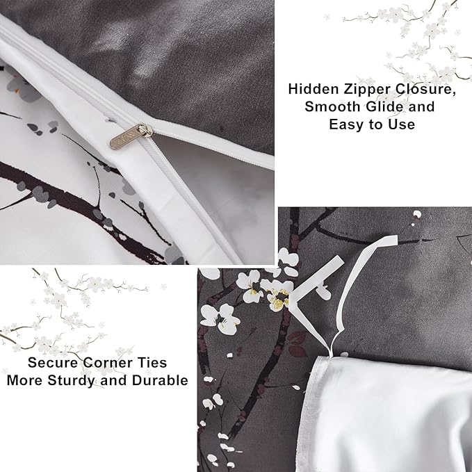WONGS BEDDING Floral Duvet Cover Set Queen, Dark Grey 3 Pieces Flower Plum Blossom Printed Bedding Set with 2 Pillowcases,Branch Duvet Cover Set Queen Size 90"X90"(Not Comforter)