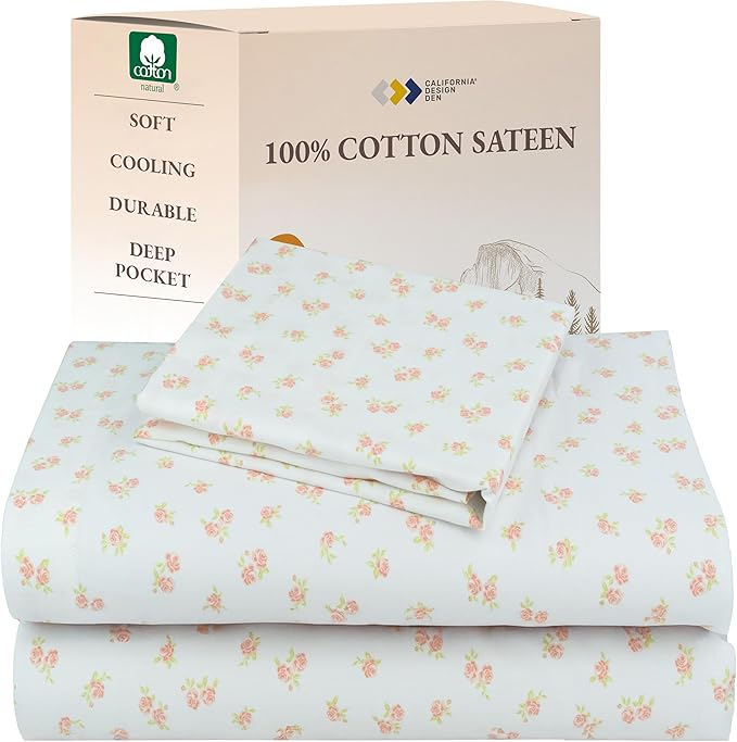 California Design Den Floral Sheet Set Twin XL, 100% Cotton Sheets, 12" Pocket Twin XL Sheets & Pillowcase Set, Soft Sateen Weave - Chic Floral