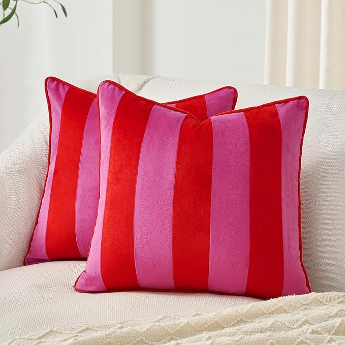 MONDAY MOOSE Decorative Throw Pillow Covers Cushion Cases, Set of 2 Soft Velvet Striped Piping Edge Designs, Pillow Inserts Not Included (16x16 inch, Hot Pink/Red)