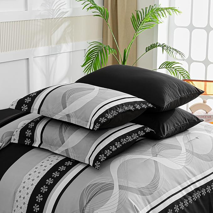 Anibedding Black Comforter Set California King Size,8 Pieces Boho Bed in a Bag Patchwork Striped Comforter Set, Soft Microfiber Bedding Set for All Season(104"x96")