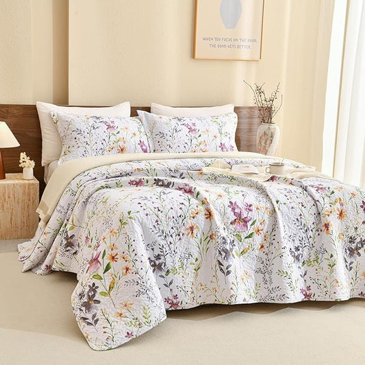QSH 100% Cotton Quilt King Size Bedding Set (110"x98") 3Pcs Floral Quilt Set Yellow Wild Flower Botanical Printed Bedspread Coverlet King Soft Lightweight Bed Set with Pillowshams