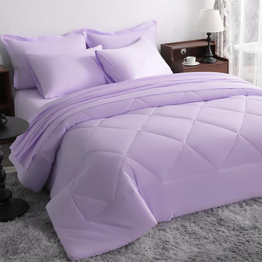 NTBAY King Comforter Set with Sheets, 7 Pieces Soft and Breathable King Bedding Set, Bed in a Bag, Down Alternative Comforter Set Solid Color All Season, Light Purple