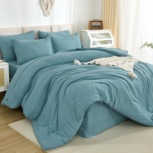 Litanika Twin Comforter Sets Grayish Teal - 5 Pieces Bed in a Bag Beddding Sets, Solid Lightweight Bed Set with Comforter, Sheets, Pillowcase & Sham