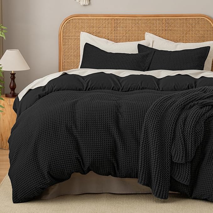 David's Home Waffle Weave Duvet Cover Set Queen Size,Soft Breathable 3pcs Comforter Cover Set with 2 Pillowcases,Textured Home Decor Bedding Set Cozy for All Seasons, Black 90"×90",No Comforter