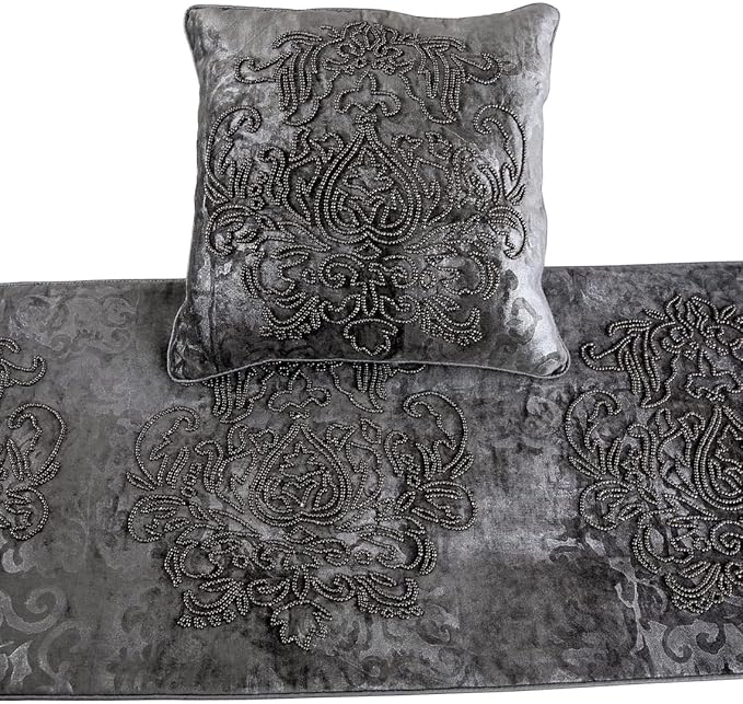 The HomeCentric Decorative Designer Handmade Bed Runner Without Pillow Cover, 74 x 18 Inch Damask Designer Queen Size Bed Scarf in Foil Velvet and Embroidery Bed Linen Foot Warmer Home - Foil Damask