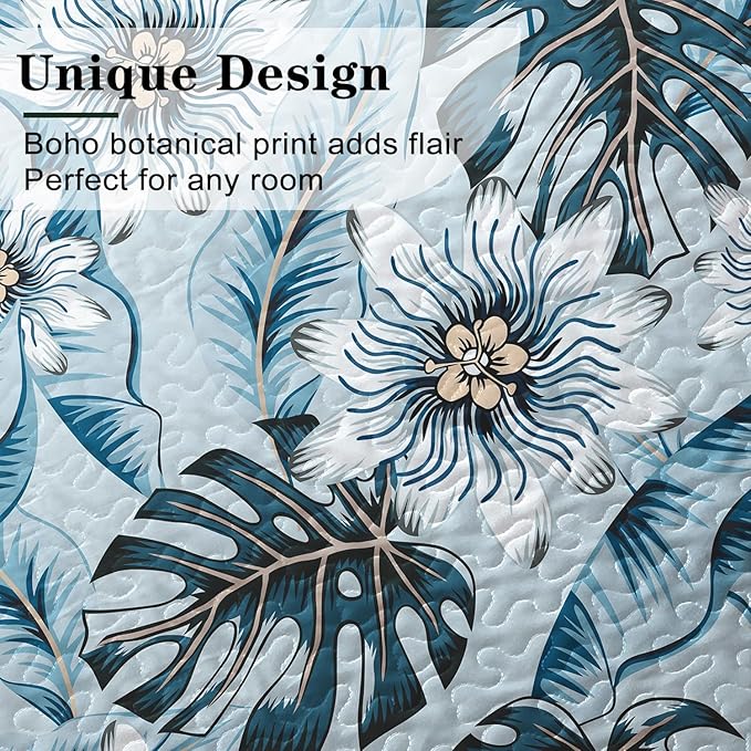 Yogeneg Queen Quilt Bedding Set,White Green Botanical Pattern Light Blue Full/Queen Quilt Set,3 Piece Lightweight Soft Summer Bedspread Coverlet with 2 PIillow Shams,All Season(Light Blue,90"x96")