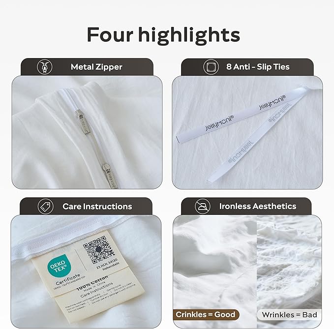 JELLYMONI White Duvet Cover Super King Size - 100% Washed Cotton Lightweight Cooling Comforter Cover, 3 Pieces Soft Bedding Set with Zipper Closure (Off White, 116"x98")