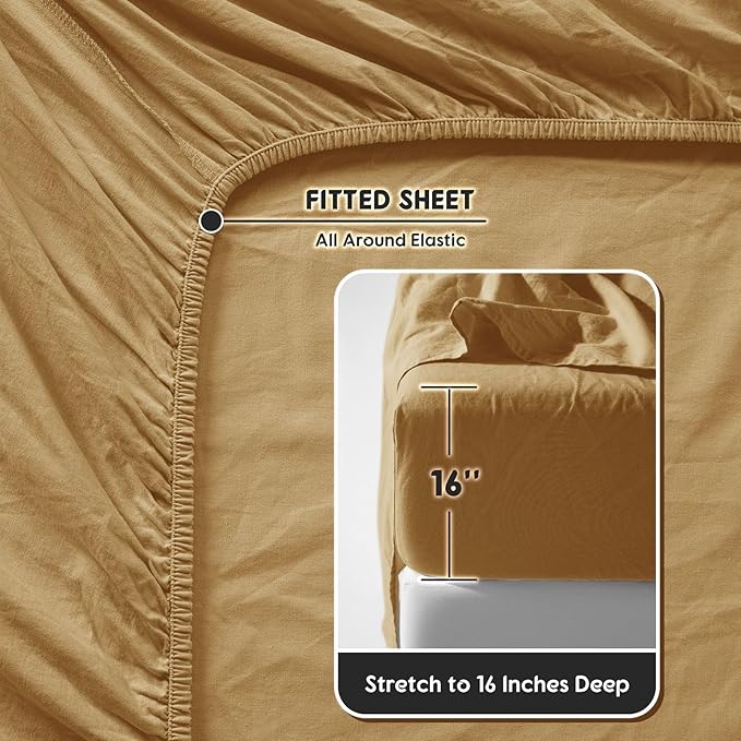 SONORO KATE 100% French Pure Linen Queen Size Sheets, Breathable and Durable, 16 Inch Deep Pocket - 4 Piece (Rust)