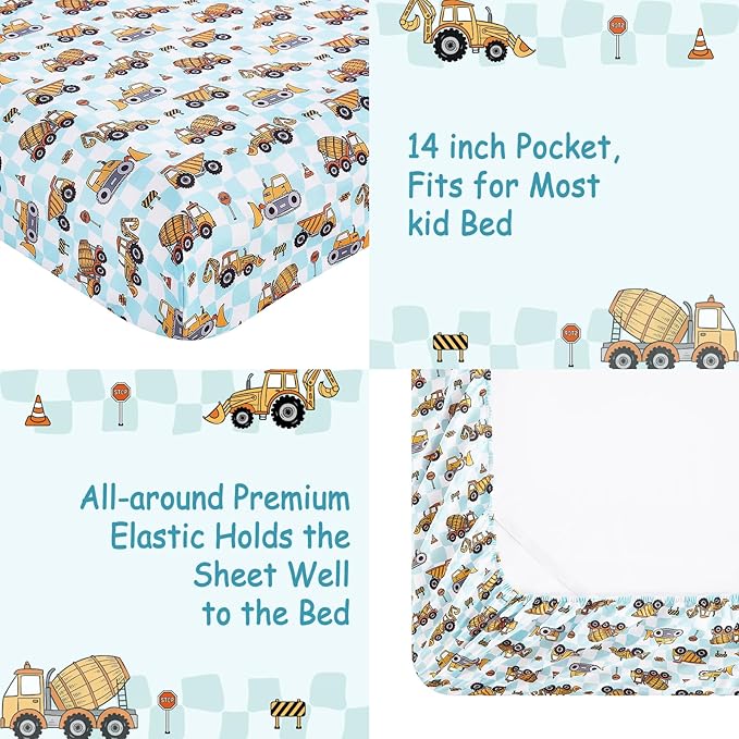 Kids Sheet Set Full Size, Full Sheet Set with Grid Excavator Pattern，Breathable Silky Soft Microfiber Kids Fitted Sheet