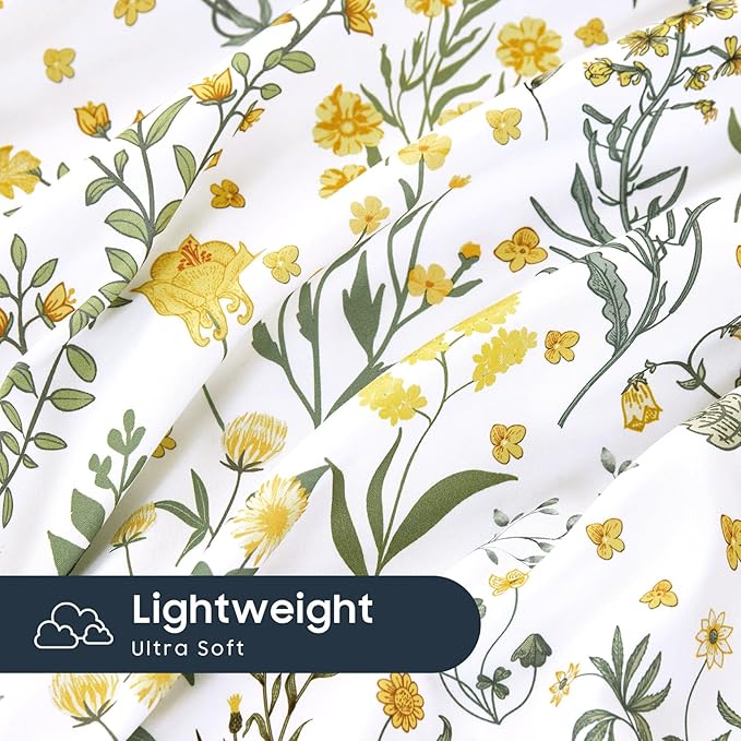 Wake In Cloud - Floral Duvet Cover Set, Shabby Chic Cottage Garden Botanical Flower Style with Elegant Wildflower Pattern, Soft Lightweight Bedding, 3 Pieces, Yellow White, Twin/Twin XL Size