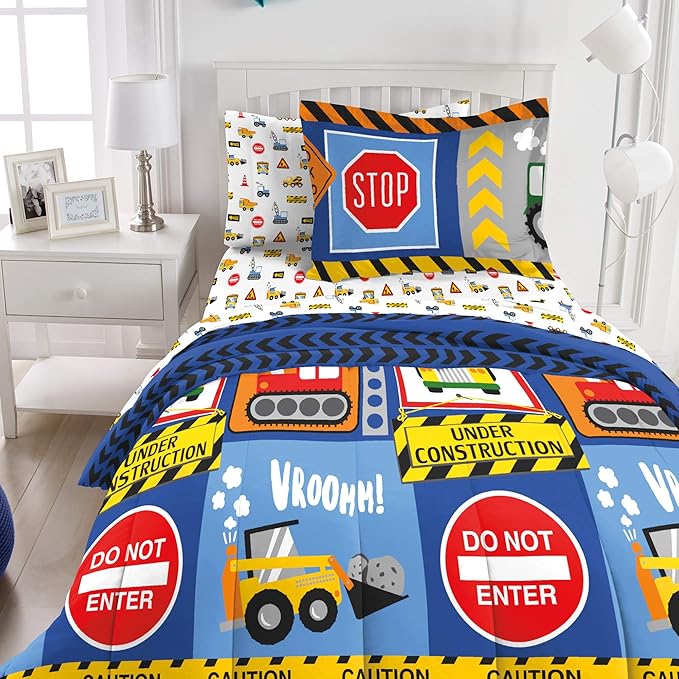 dream FACTORY Kids 5-Piece Complete Set Easy-Wash Super Soft Microfiber Comforter Bedding, Twin, Navy Blue Under Construction