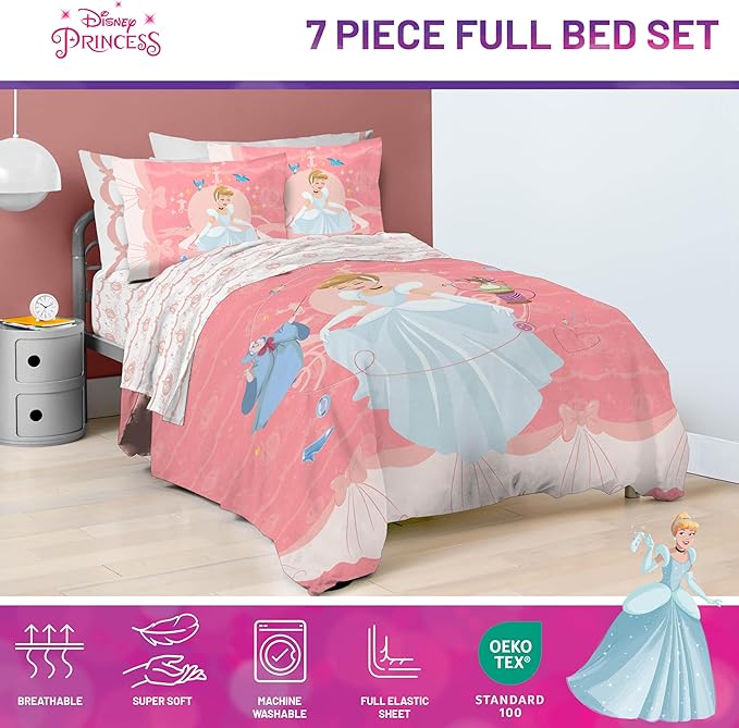 Jay Franco Kids Comforter Set Includes Sheets and Pillow Covers - Soft and Cozy Bed Set for Stylish Room Decor, Pink - Princess Cinderella, 7 Piece Full Size Bedding