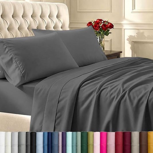 California Design Den 6-Pc Queen Size Sheet Set with 4 Pillowcases - 400 Thread Count 100% Cotton Sheets, Sateen Weave, Deep Pocket Bedsheets Set - Grey