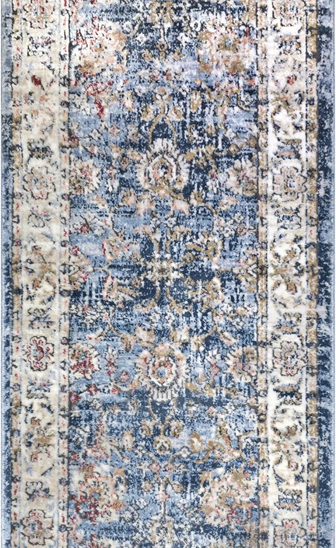 Well Woven Custom Size Runner - Elysium Midnight Blue Vintage Panel Rug 27 Inch Wide x 55 Feet Long (27"x 55' Runner) | heritage-inspired, soft & durable, easy to clean rug for hallway, stairs, entry