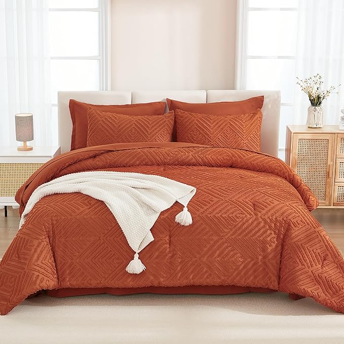 Andency Burnt Orange Full Size Comforter Set with Sheets - 7 Pieces Bed in a Bag Terracotta Boho Tufted Bedding Sets Rust Full Bed Set with Comforter, Sheets, Pillowcases & Shams for All Season
