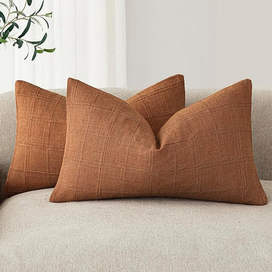 Foindtower Set of 2 Decorative Linen Check Throw Pillow Covers Neutral Farmhouse Lumbar Cushion Covers Modern Boho Home Decor for Sofa Chair Couch Bedroom Living Room,12×24 Inch,Orange