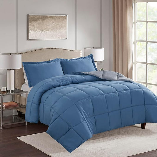 HIG 3pc Dusty Blue Full Size Comforter Set - All Season Reversible Down Alternative Comforter with Two Shams - Quilted Duvet Insert with Corner Tabs - Box Stitched Blanket - Breathable, Soft, Fluffy