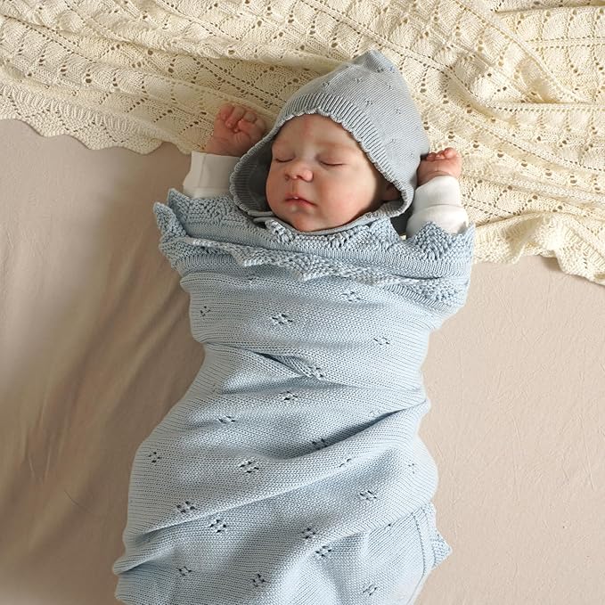 mimixiong Cotton Baby Blanket Knitted Crochet Receiving Crib Nursery Swaddling Blankets for Newborn Baby Boy Girl 30x40 Inch (LightBlue)