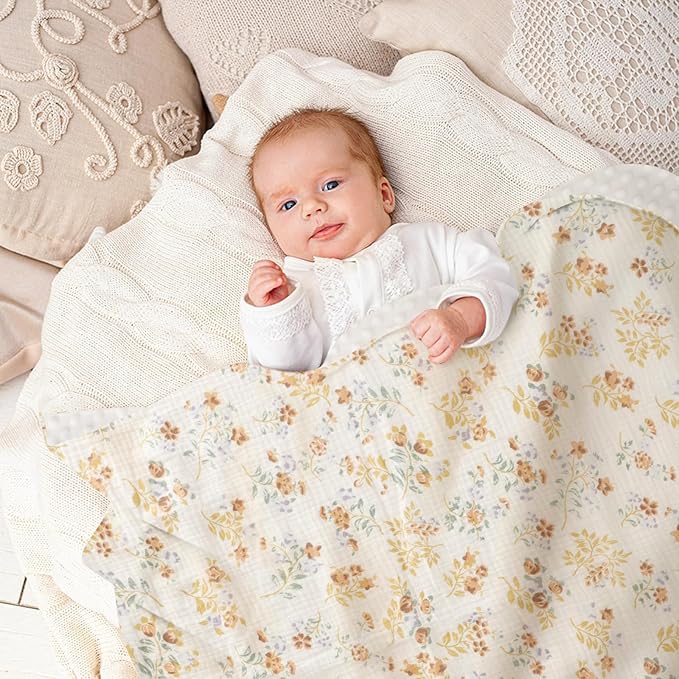 Premium Soft Muslin Cotton Front Fluffy-Backed Baby Swaddle Blankets Double Layer Nursery Plush Dotted Fleece Back Receiving Bed Quilt Blanket for Unisex Newborn Toddler Boys Girls 30 x 41 Inches