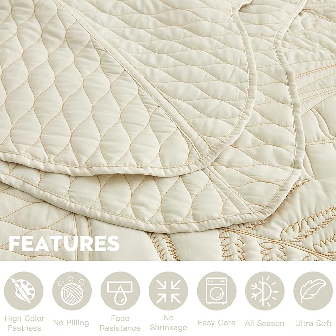 Botanical Oversized Bedspread King Size - Leaves Pattern Stitching Quilt Set - Elegant & Fresh Style Bedding Coverlets, Reversible, Lightweight, 5 Piece, Ivory