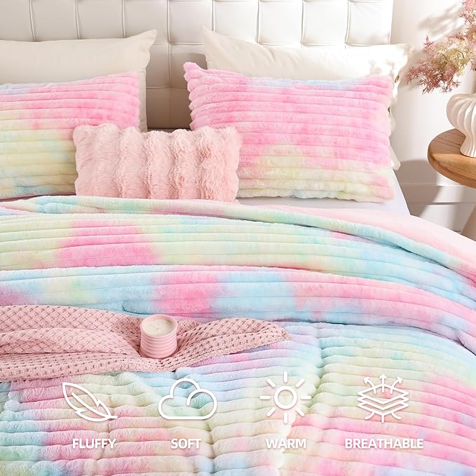 Smoofy Fluffy Queen Size Comforter Set 3 Pieces - Rainbow Fleece Fluffy Comforter Set, Luxury Fuzzy Queen Bedding Set, Soft Warm Queen Bed Set All Season, Heavy Faux Fur Comforter with 2 Pillow Cases