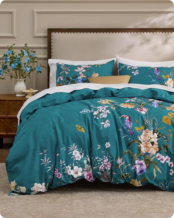 Bedsure 100% Cotton Reversible Chinoiserie Floral Duvet Cover Queen Size - Vintage Teal Bird Printed Comforter Cover with Zipper Closure & 2 Pillow Shams, No Comforter (Chinoiserie Teal 90"x90")