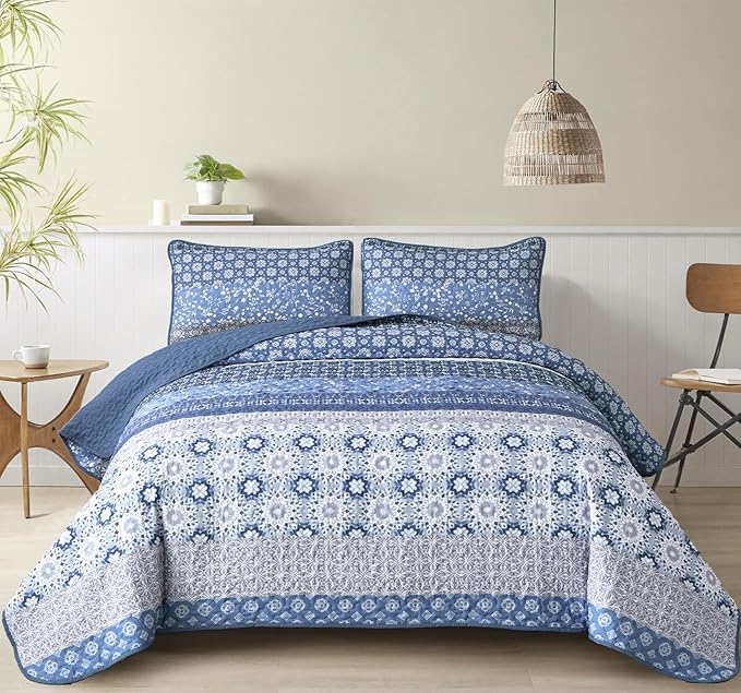 WONGS BEDDING Boho Quilt Set King, Blue Bohemian Striped Patchwork Bedspread Coverlet Set with 2 Pillowcases,Lightweight Microfiber Floral Bedding Set 104"×90"