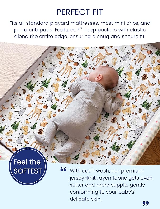 TotAha Premium Soft Graco Pack n Play Sheets Fitted, Super Stretchy Jersey Knit Mini Crib Sheets Fitted, Silky Comfort Pack and Play Mattress Sheets, 2 Pack (Forest Animals)