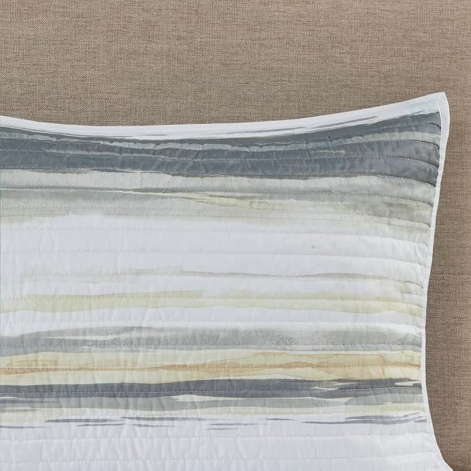 Madison Park Quilt Set Cottage Coastal Design, 6 Piece Set - All Season, Coverlet Bedspread Lightweight Bedding Layer, Shams, Toss Pillows, Full/Queen(90 in x 90 in), Yellow/Grey