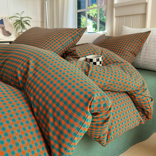LifeTB Queen Comforter Set Modern Style Orange Green Gingham Comforter Lightweight Plaid Checkered Pattern Comforter Soft Fluffy Gingham Bedding Set Farmhouse Grid Plaid Comforter Set Queen