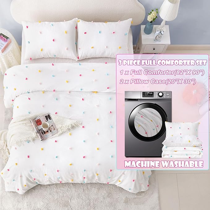 Full Size Kids Comforter Set Colorful Tufted Pom Pom Bedding Set for Girls 3 Piece White Boho Jacquard Quilt Bed in A Bag Lightweight Duvet Bed Set for Kids Teen Girls Bedroom Decor with 2 Pillowcase | Colorful Tufted Dots, Full Comforter Set, Kids Com...