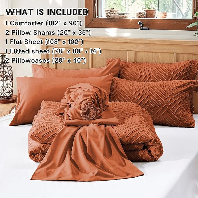 Zzlpp King Comforter Set 7 Pieces, Burnt Orange Tufted Bed in a Bag with Comforter, Pillow Shams, Pillowcases, Flat Sheet, Fitted Sheet