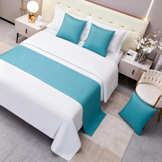 Aqua Blue Bed Runner King Geometry Striped Reversible Bed Scarf for 180cm Bed Aqua Durable Quilted Bed Scarves Decorative for Hotel Bedroom (95 x 20 in, 1 Piece)