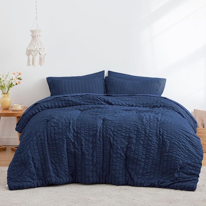 Love's cabin Seersucker Dark Blue Twin XL Comforter Set, 5-Piece All Season Lightweight Bed in a Bag Bedding Set with Comforter, Flat Sheet, Fitted Sheet, Pillowcase and Sham | Soft, Breathable, Lightweight