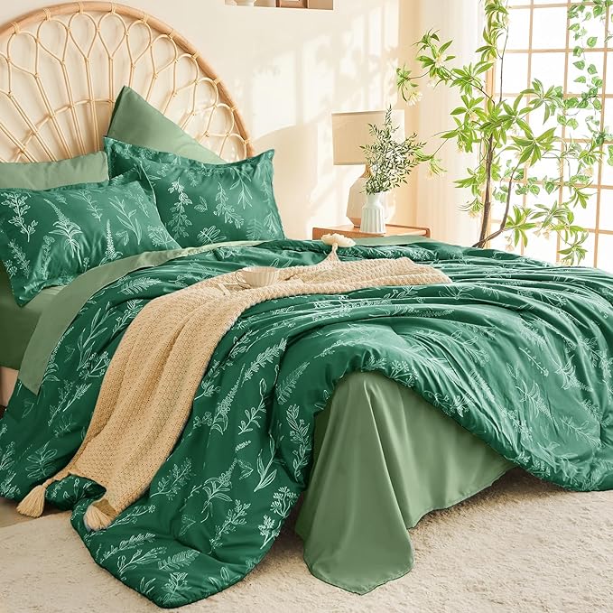 MUXHOMO Emerald Green Bed in a Bag King 7 Pieces, King Comforter Set Reversible Botanical Flowers Design, Ultra Soft & Breathable Bedding Sets with Comforter, Sheets, Pillowcases & Shams