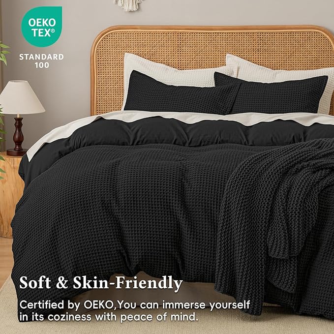 David's Home Waffle Weave Duvet Cover Set Twin Size,Soft Breathable 2pcs Comforter Cover Set with 1 Pillowcase,Textured Home Decor Bedding Set Cozy for All Seasons, Black 68"×90",No Comforter