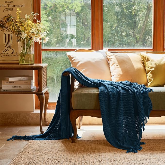 lifein Throw Blanket for Couch, Soft Boho Decor Bed Throw,Cozy Washed Blue Knitted Chenille Small Farmhouse Lightweight Throw (Washed Blue,60 * 80")
