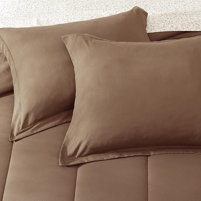 Monbix Full Comforter Set - 7 Pieces Brown Bed in a Bag Full Size Track Stitching Bedding Sets, All Seasons Comforter with Sheets, Pillowcases & Shams